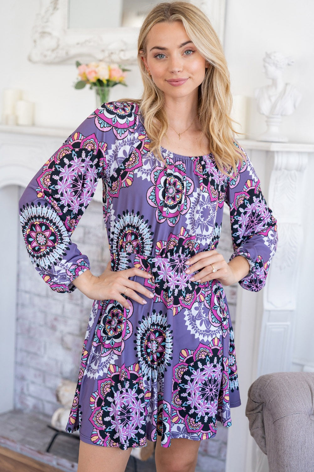 White Birch Printed Long Sleeve Mini Dress with Short Liner Southern Soul Collectives