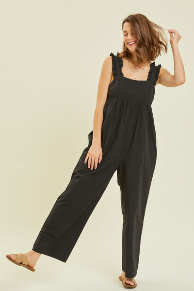 Ruffled Strap Back Tie Wide Leg Jumpsuit in Black Southern Soul Collectives