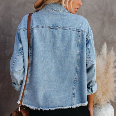 Dropped Shoulder Collared Neck Button-Down Denim Jacket  Southern Soul Collectives 