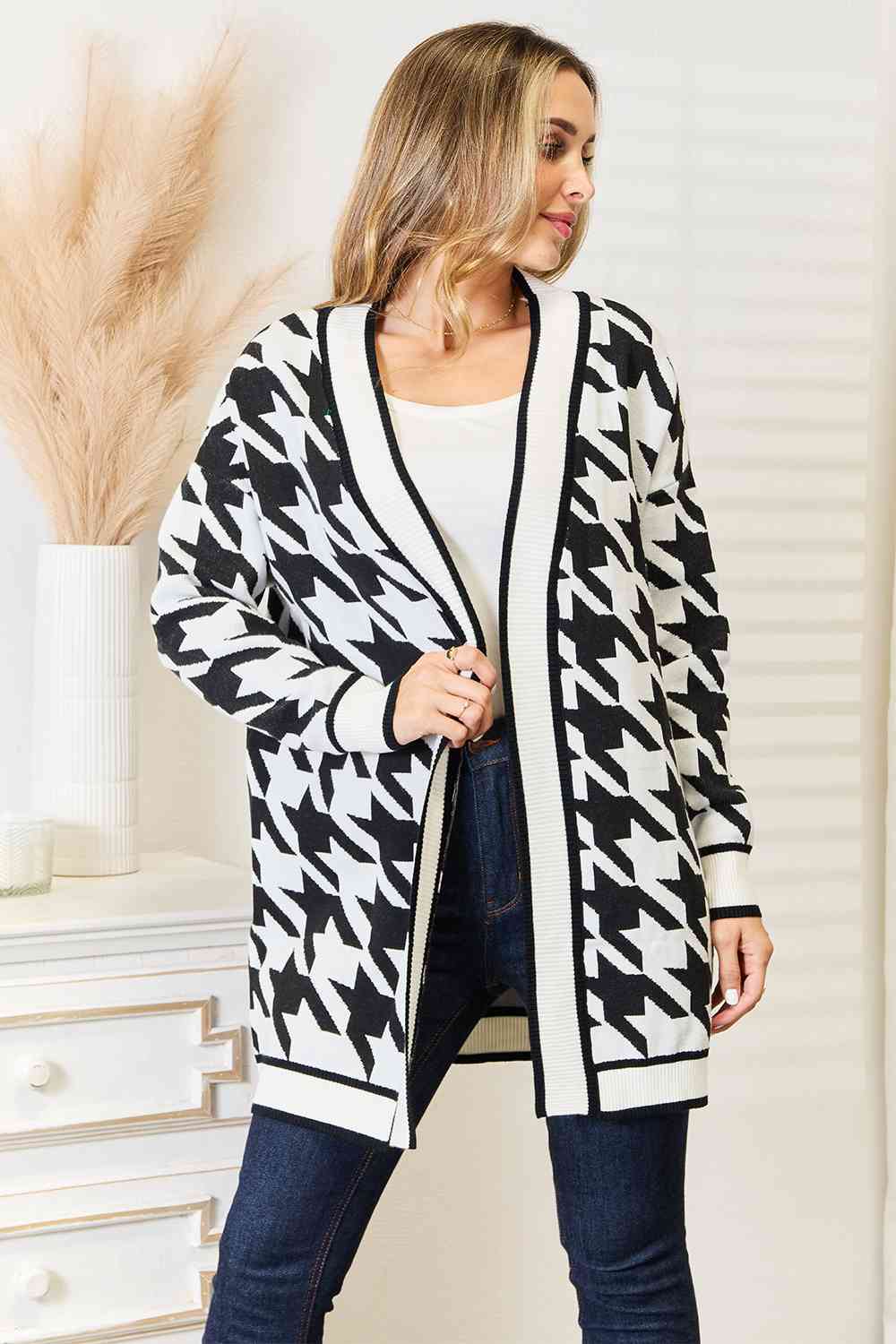 Classic Houndstooth Open Front Longline Cardigan in Black and White - Southern Soul Collectives