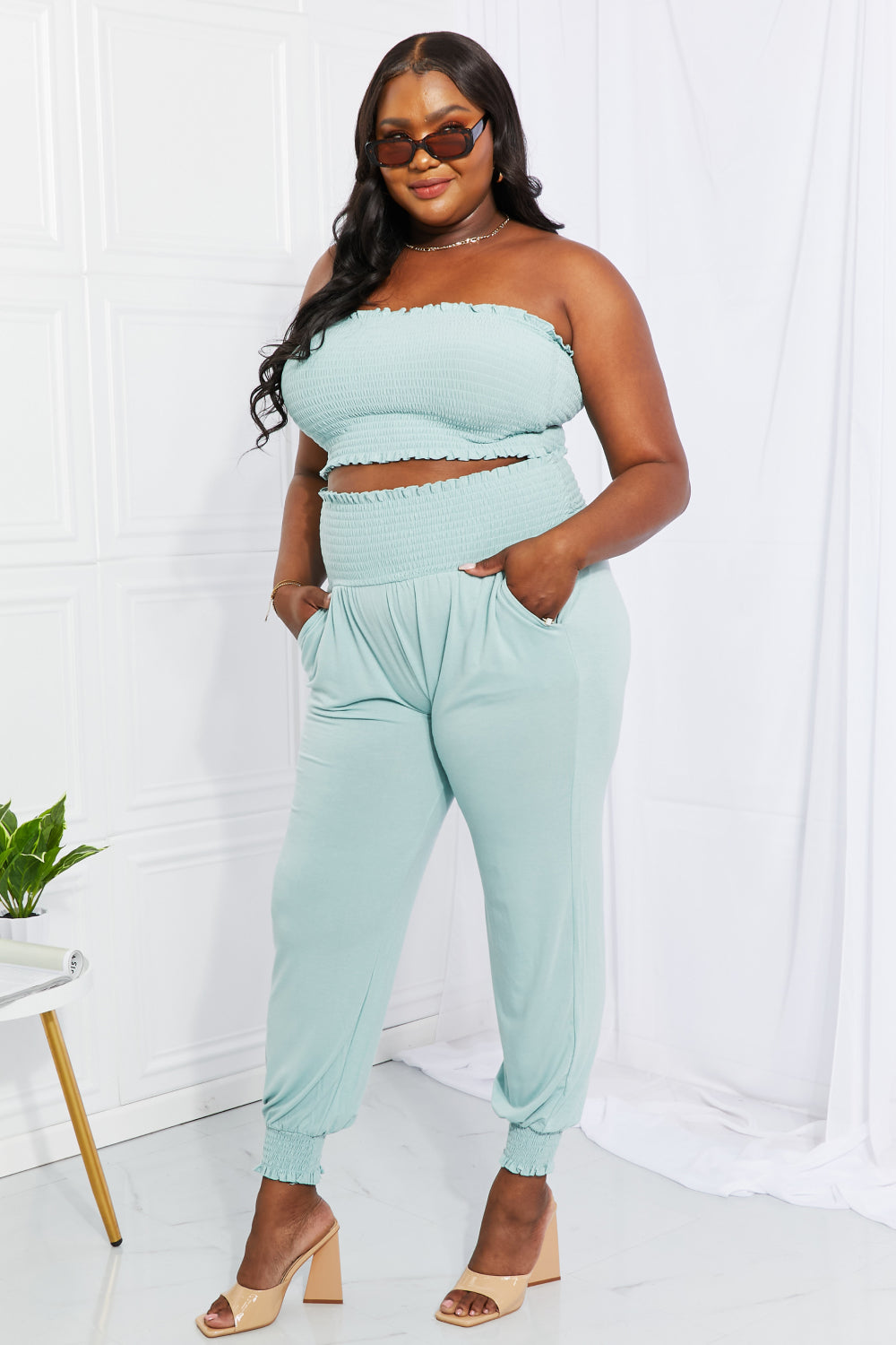 Zenana Stylish Comfort Smocked Tube Top & Joggers Set in Light Green  Southern Soul Collectives 