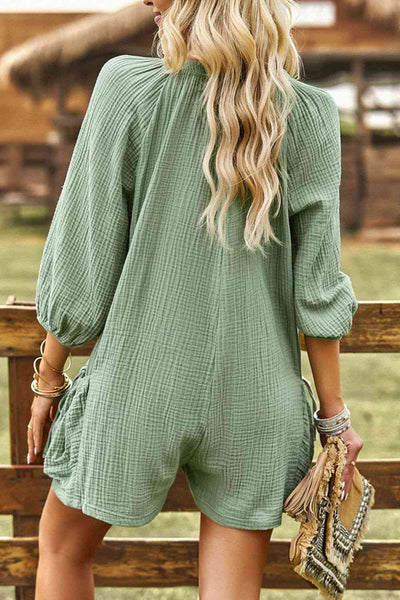 Textured Notched Neck Romper with Pockets  Southern Soul Collectives