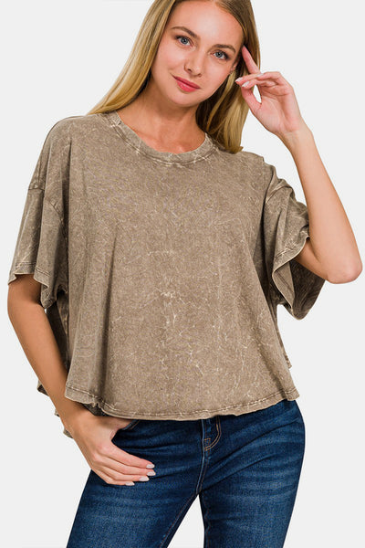 Zenana Washed Round Neck Drop Shoulder Cropped T-Shirt Southern Soul Collectives