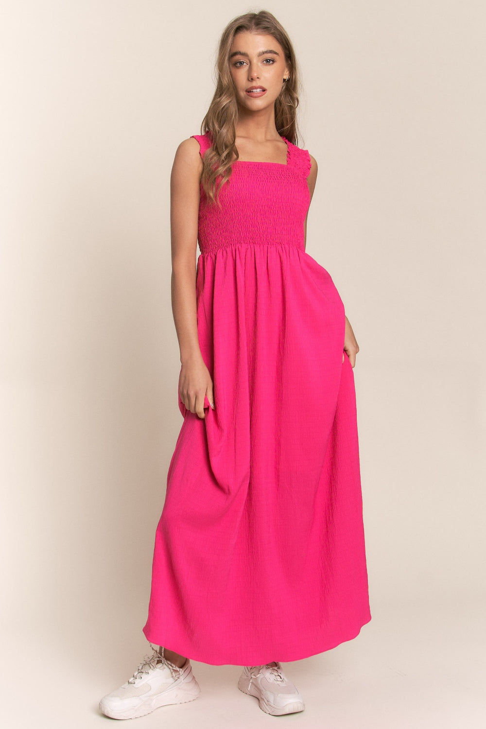 Textured Crisscross Tie Back Smocked Maxi Dress in Fuchsia Southern Soul Collectives
