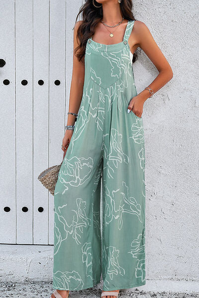 Printed Wide Strap Jumpsuit with Pockets  Southern Soul Collectives