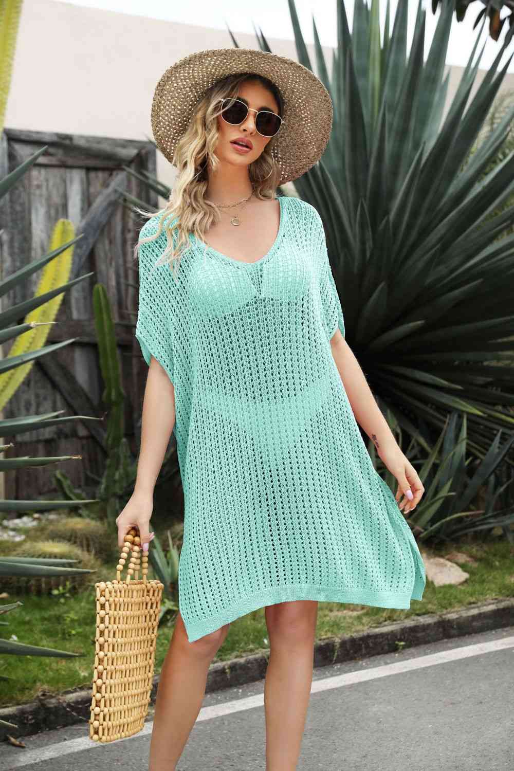 Openwork Knit Side Slit Swim Cover-Up Dress in Multiple Colors  Southern Soul Collectives