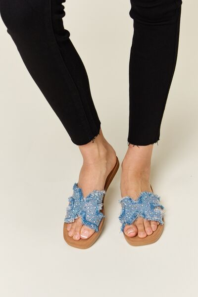 Raw Trim Denim and Rhinestone H-Band Flat Sandals  Southern Soul Collectives