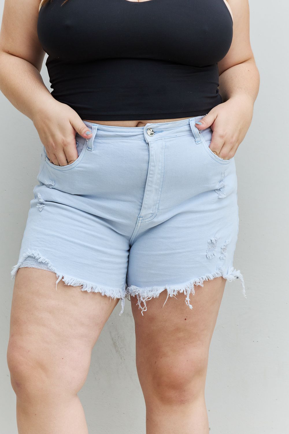 Katie High Waisted Distressed Shorts in Ice Blue  Southern Soul Collectives 