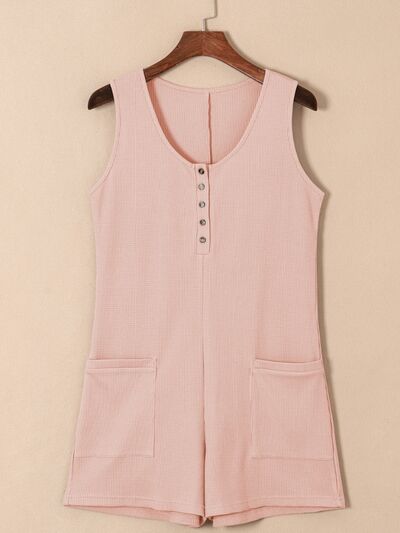 Waffle-Knit Half Button Sleeveless Romper with Pockets  Southern Soul Collectives