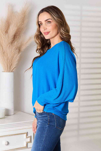 Round Neck Dolman Sleeve Ribbed Knit Blouse in Cobalt Blue - Southern Soul Collectives