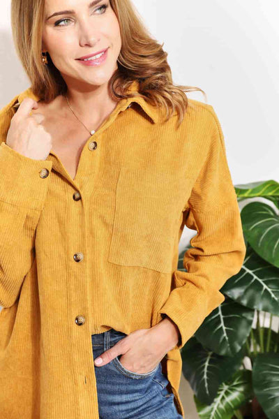 Oversized Corduroy Button-Down Tunic Shirt with Bust Pocket in Mustard  Southern Soul Collectives