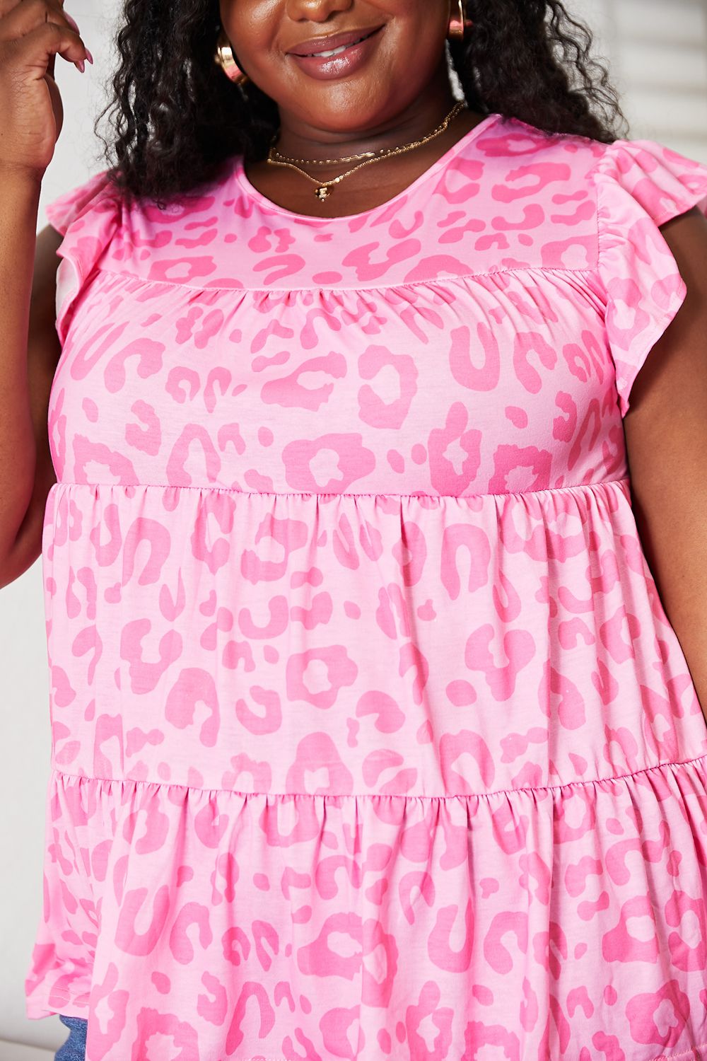 Pink Meow Leopard Round Neck Tiered Blouse  Southern Soul Collectives 