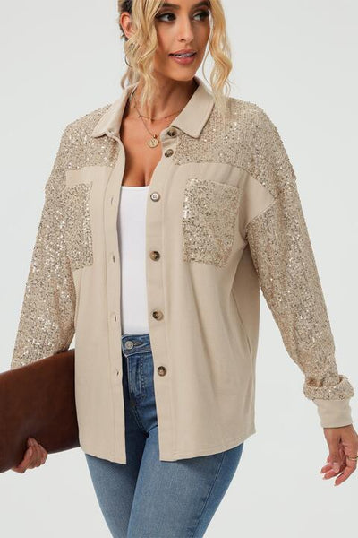 Sequin Detail Button Up Long Sleeve Shirt in Khaki Gold - Southern Soul Collectives