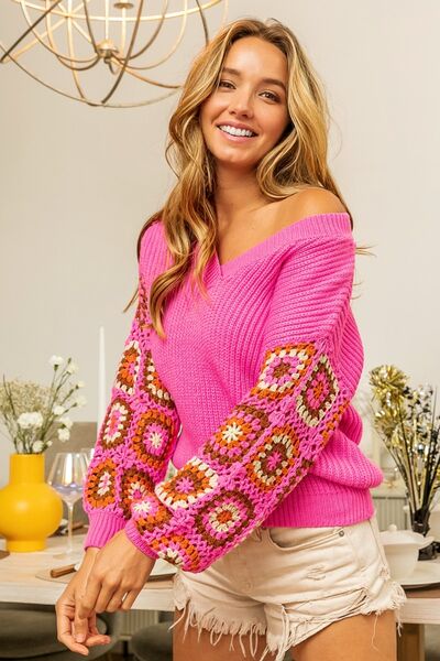 BiBi V-Neck Crochet Long Sleeve Sweater  Southern Soul Collectives