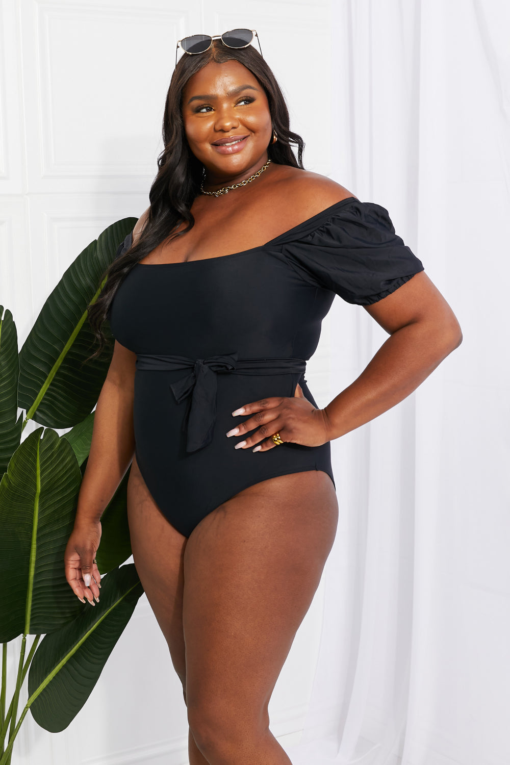 Salty Air Puff Sleeve One-Piece Swimsuit in Black  Southern Soul Collectives 