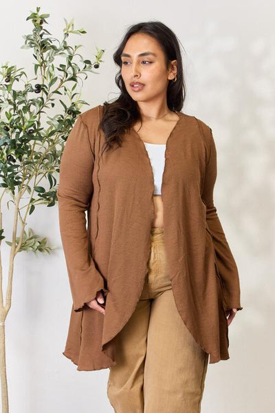 Tulip Front Open Front Long Sleeve Cardigan in Cocoa Brown  Southern Soul Collectives