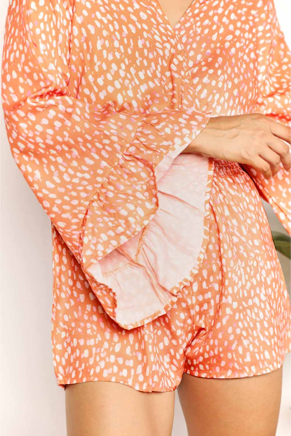 Pretty in Peach Printed Flare Sleeve Surplice Romper Southern Soul Collectives