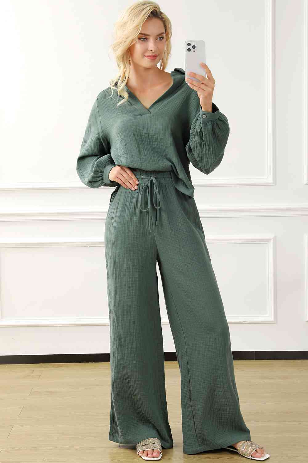 Collared Neck Top and Drawstring Pants Set  Southern Soul Collectives