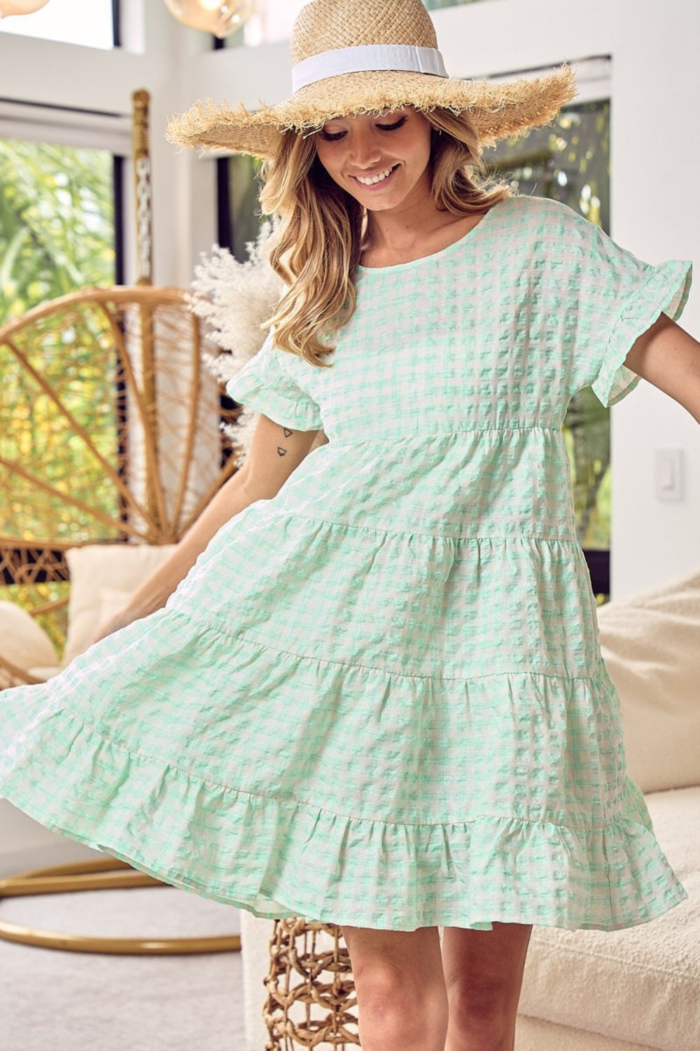 Ruffled Hem Short Sleeve Tiered Mini Dress in Green  Southern Soul Collectives