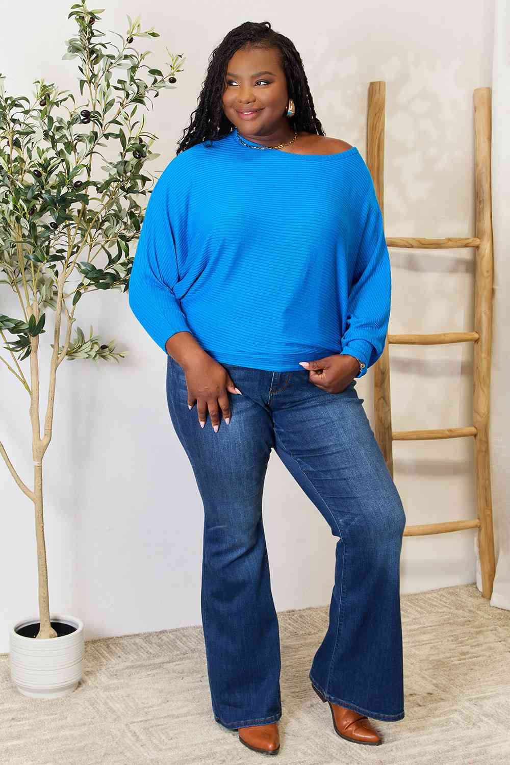 Round Neck Dolman Sleeve Ribbed Knit Blouse in Cobalt Blue - Southern Soul Collectives