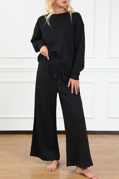 Textured Long Sleeve Top and Drawstring Wide Leg Pants Set in Multiple Colors  Southern Soul Collectives