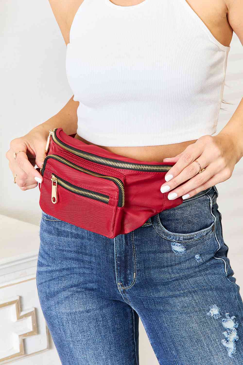 Triple Pocket Nylon Fanny Pack Crossbody in Red - Southern Soul Collectives