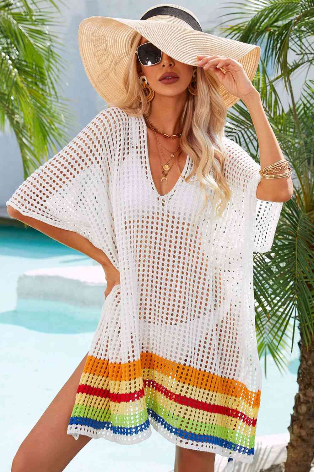 Rainbow Stripe Openwork Slit Cover-Up  Southern Soul Collectives