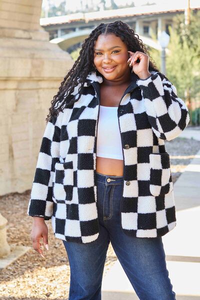 Double Take Full Size Checkered Button Front Coat with Pockets  Southern Soul Collectives
