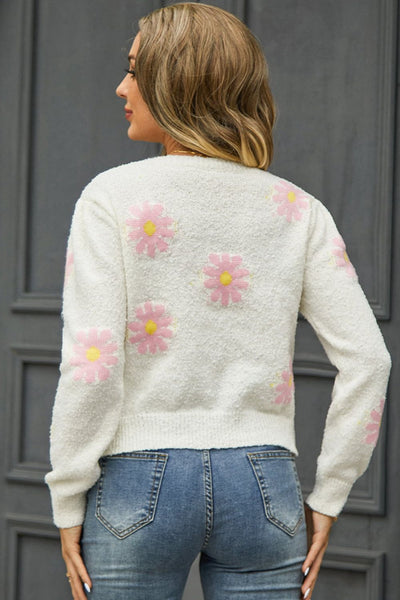 Flower Pattern Round Neck Short Sleeve Pullover Sweater  Southern Soul Collectives 
