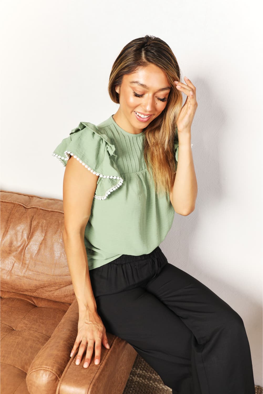 Double Take Pleated Detail Flutter Sleeve Blouse  Southern Soul Collectives 