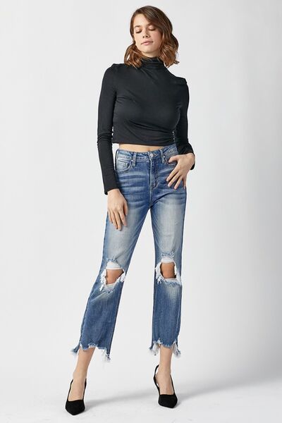 RISEN High Waist Distressed Frayed Hem Cropped Straight Jeans  Southern Soul Collectives