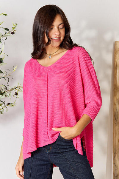 Easy Does It Round Neck High-Low Slit Knit Top in Pink