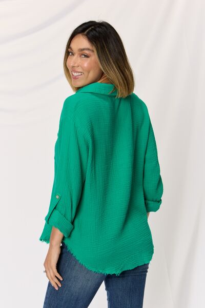 Texture Button Up Raw Hem Long Sleeve Shirt in Kelly Green  Southern Soul Collectives