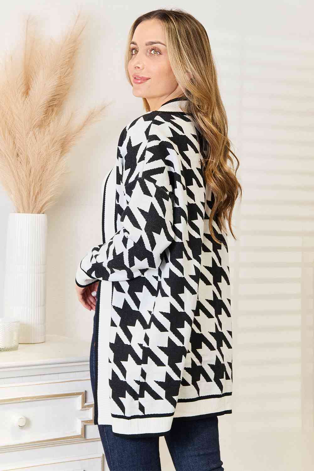 Classic Houndstooth Open Front Longline Cardigan in Black and White - Southern Soul Collectives