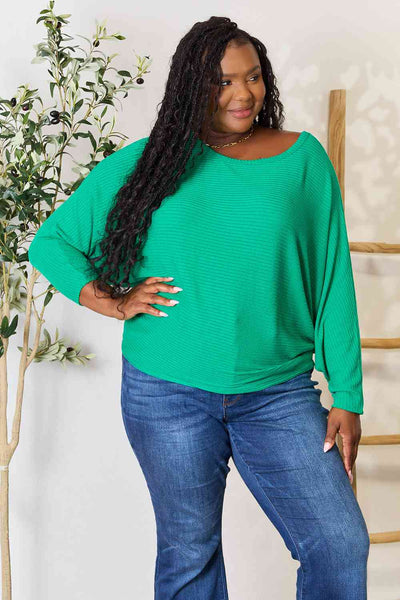 Round Neck Dolman Sleeve Ribbed Knit Blouse in Green - Southern Soul Collectives