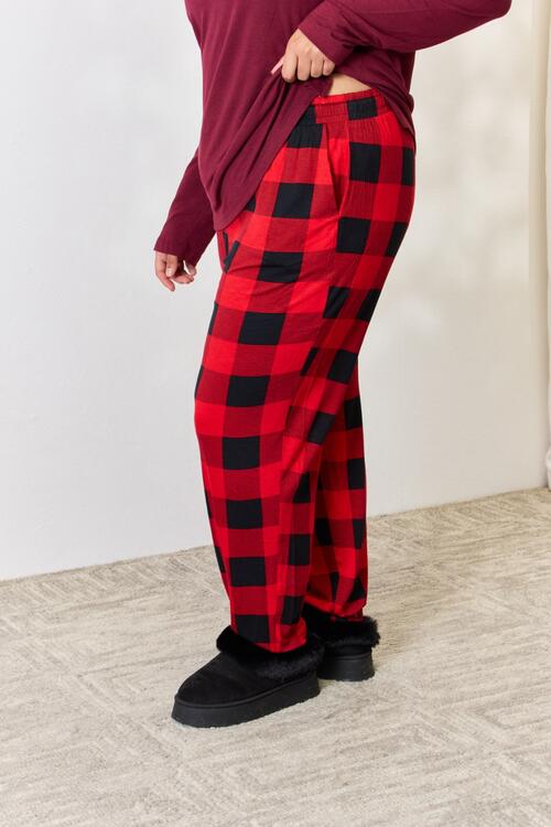 Plaid Round Neck Top and Pants Pajama Set in Red  Southern Soul Collectives