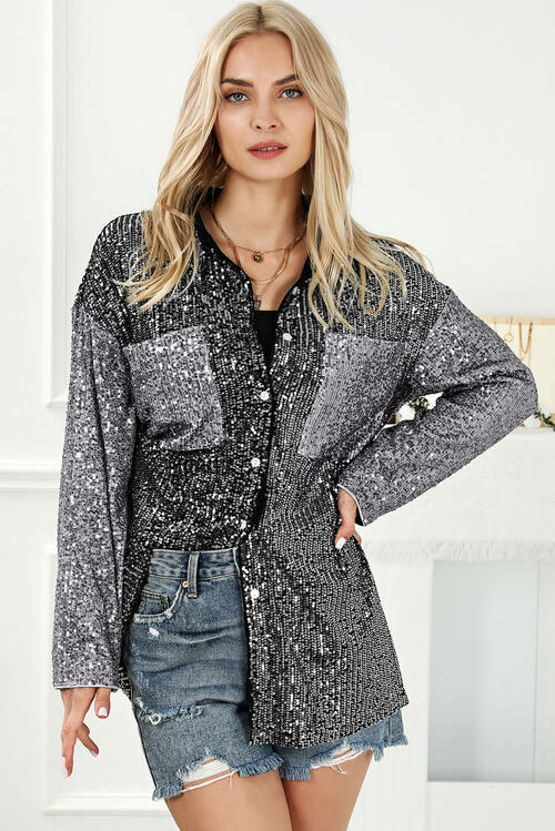 Simply the Best Sequin Button Up Collared Neck Shirt in Charcoal