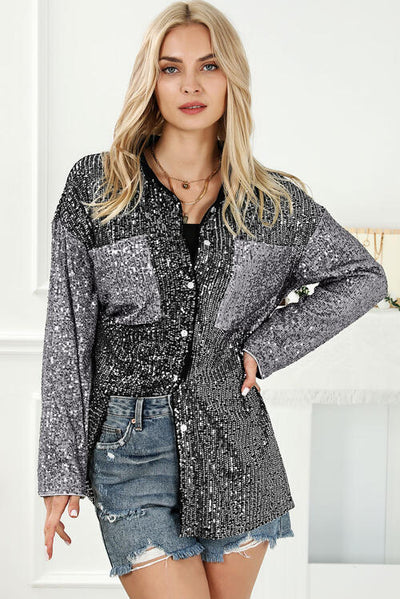 Simply the Best Sequin Button Up Collared Neck Shirt in Charcoal - Southern Soul Collectives