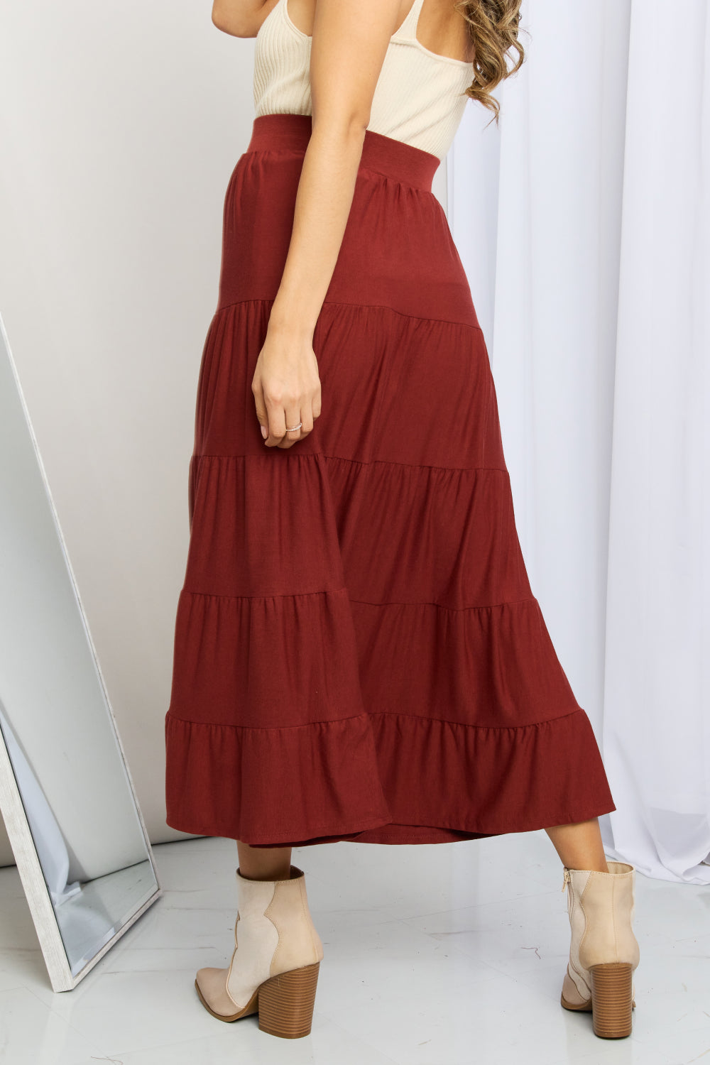 Zenana Wide Waistband Tiered Midi Skirt in Rust  Southern Soul Collectives 