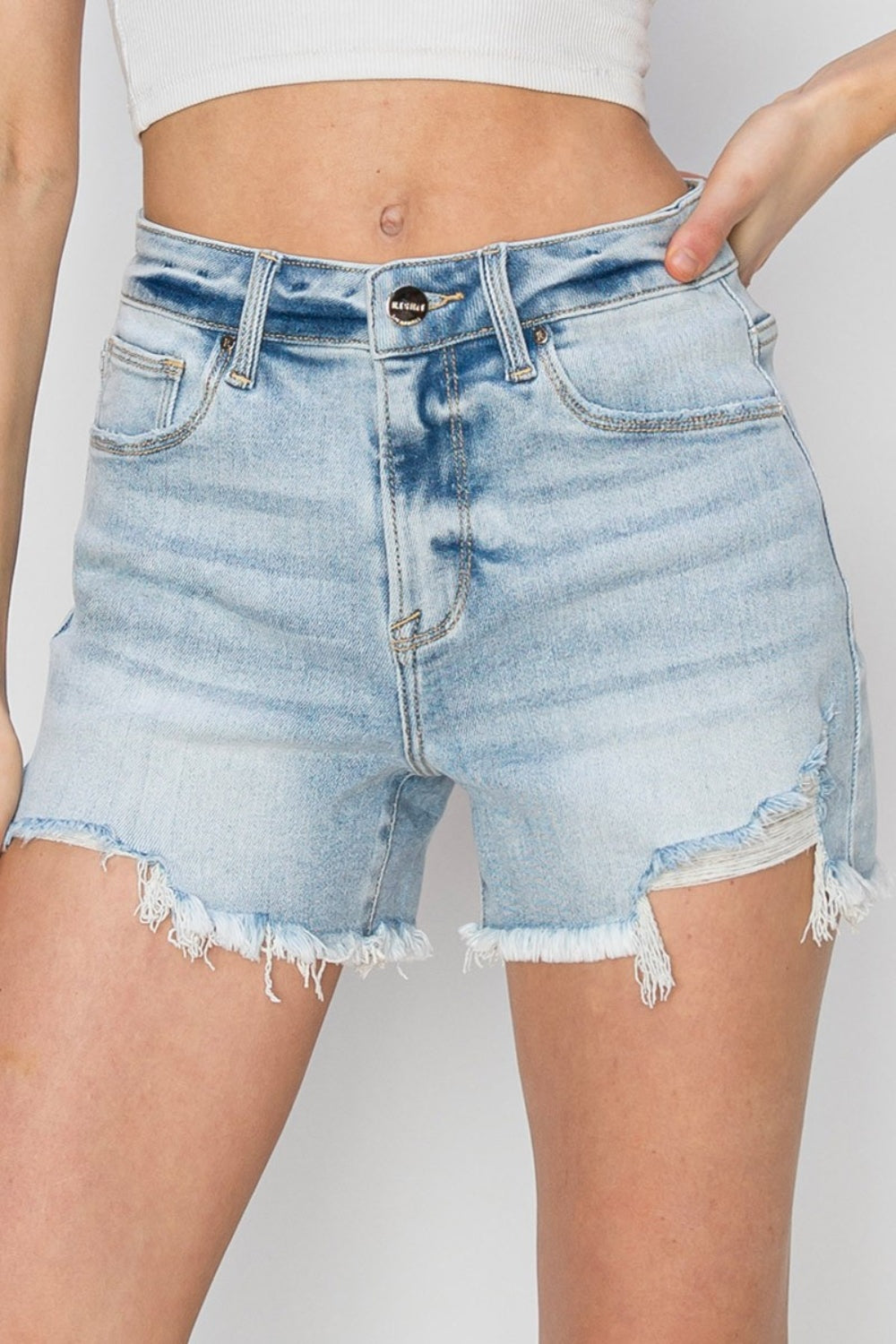 RISEN High Waist Frayed Detail Denim Shorts  Southern Soul Collectives