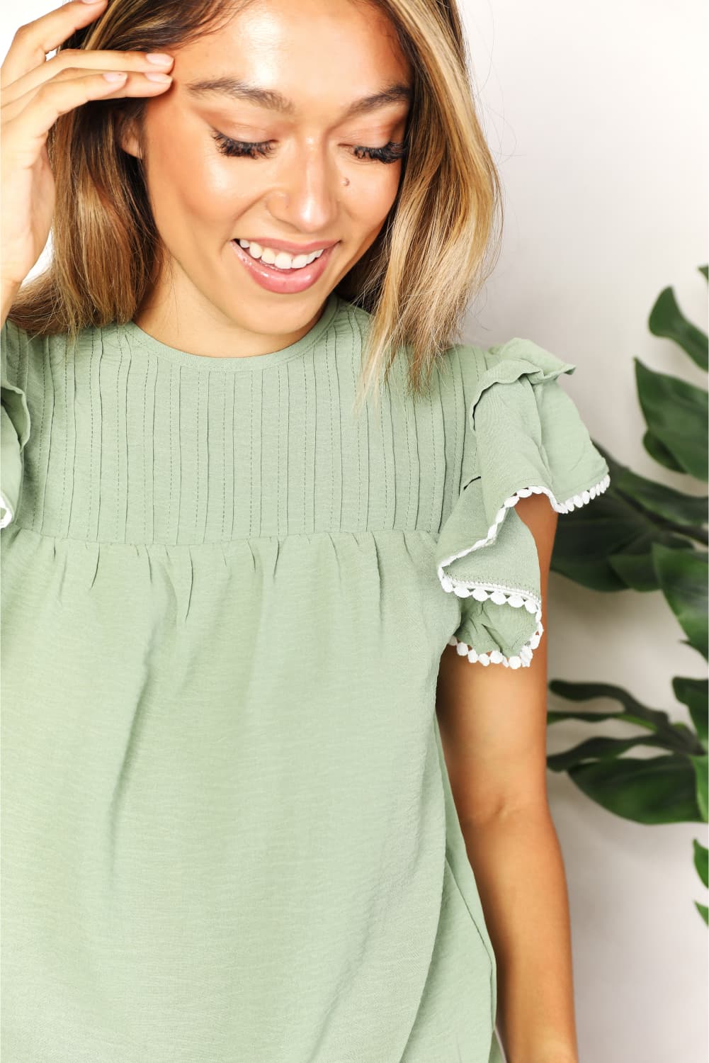 Double Take Pleated Detail Flutter Sleeve Blouse  Southern Soul Collectives 