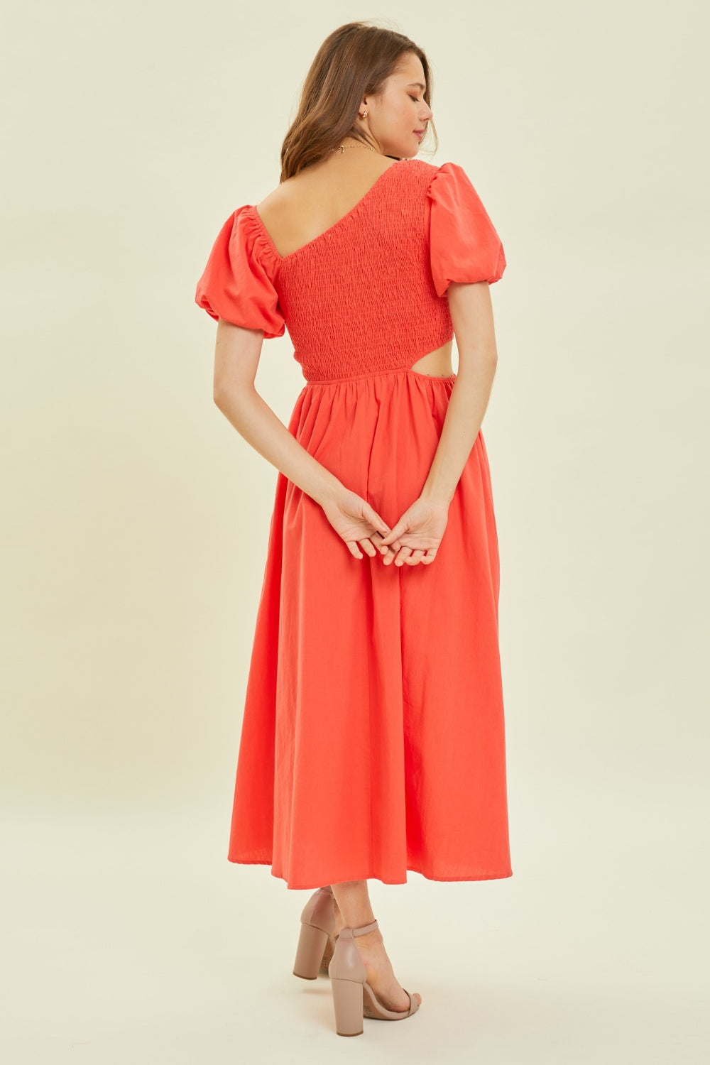 Asymmetrical Neckline Smocked Cutout Midi Dress in Cherry Orange Red Southern Soul Collectives