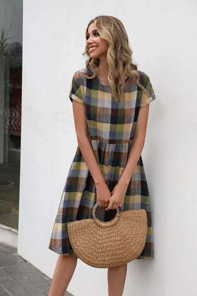 Plaid Round Neck Cap Sleeve Dress  Southern Soul Collectives