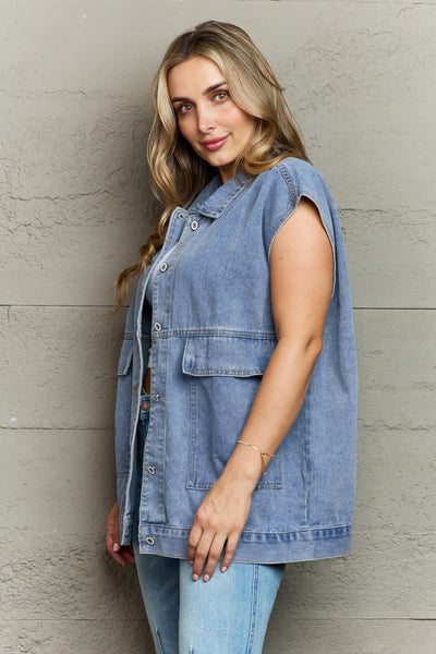 Collared Neck Sleeveless Denim Top with Pockets  Southern Soul Collectives 