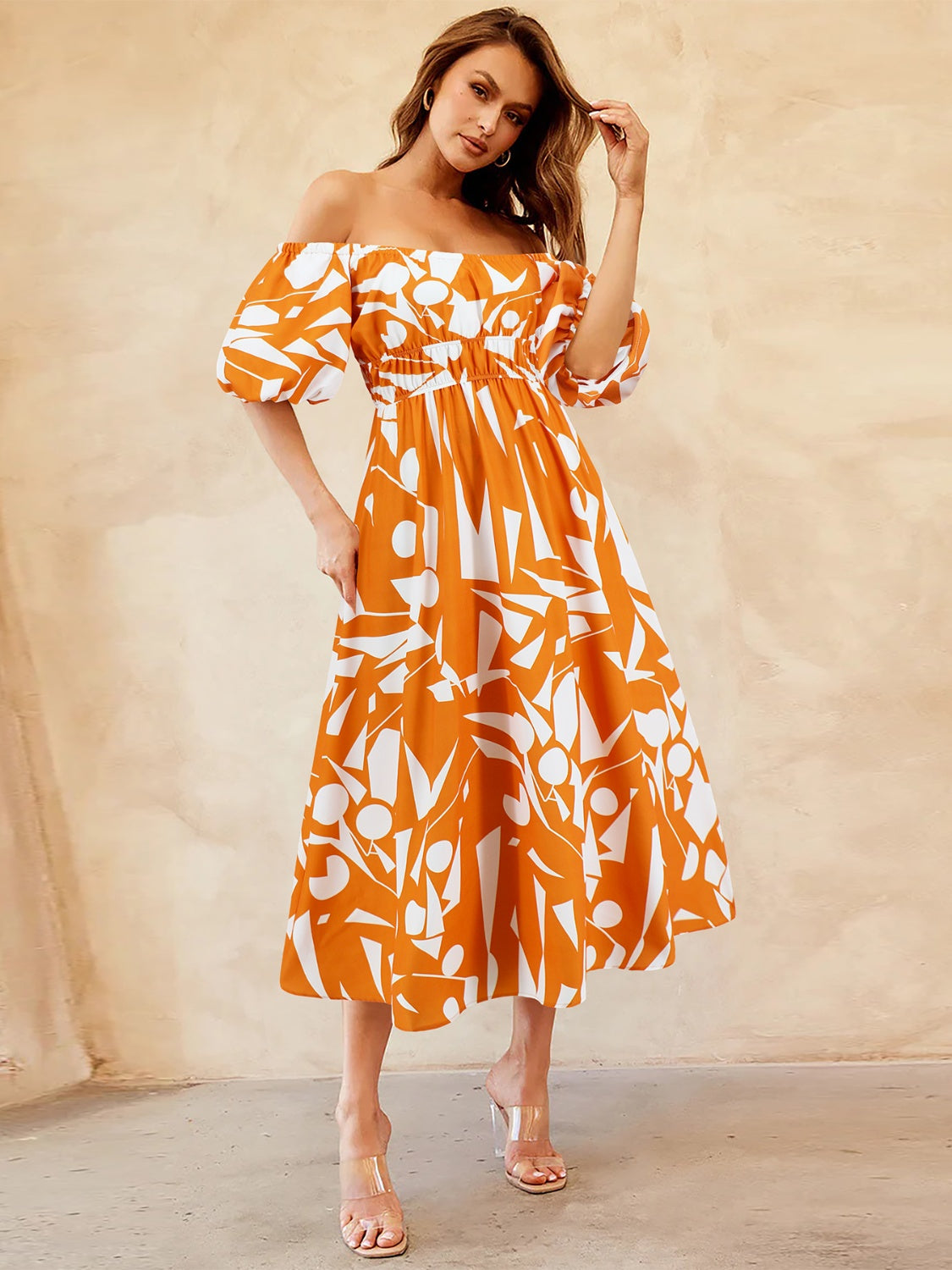 Printed Off-Shoulder Balloon Sleeve Dress Southern Soul Collectives