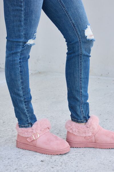Pink Furry Chunky Thermal Buckle Detail Ankle Boots  Southern Soul Collectives