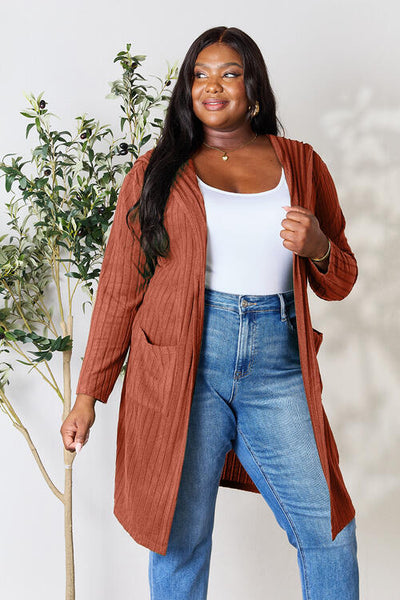 Basics Ribbed Open Front Long Sleeve Hooded Cardigan with Pockets in Multiple Colors  Southern Soul Collectives