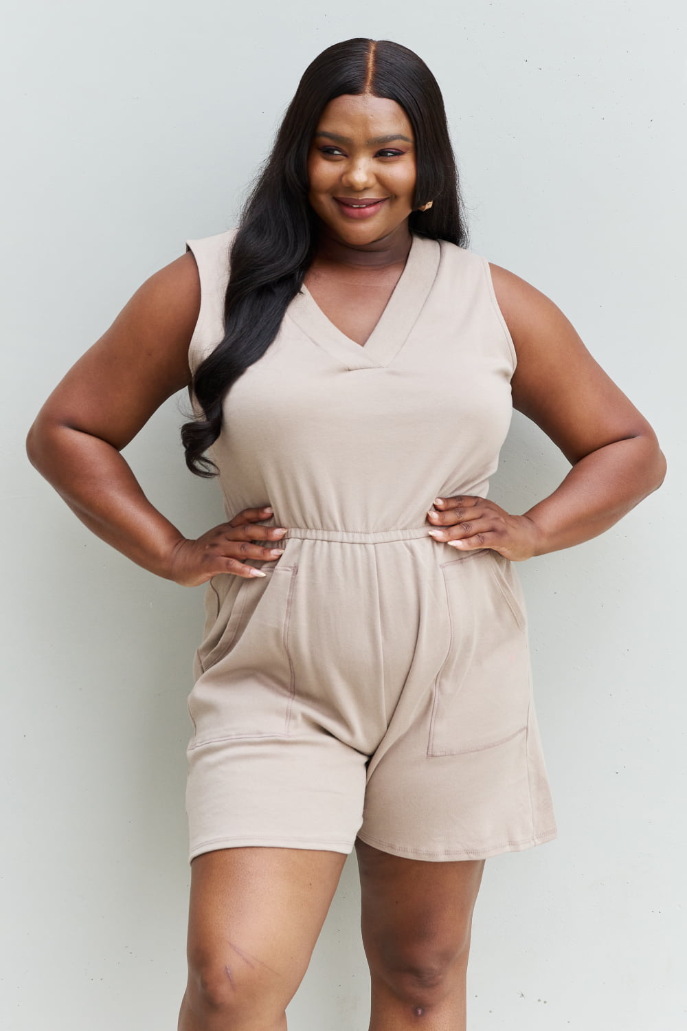 Zenana Forever Yours Full Size V-Neck Sleeveless Romper in Sand  Southern Soul Collectives 