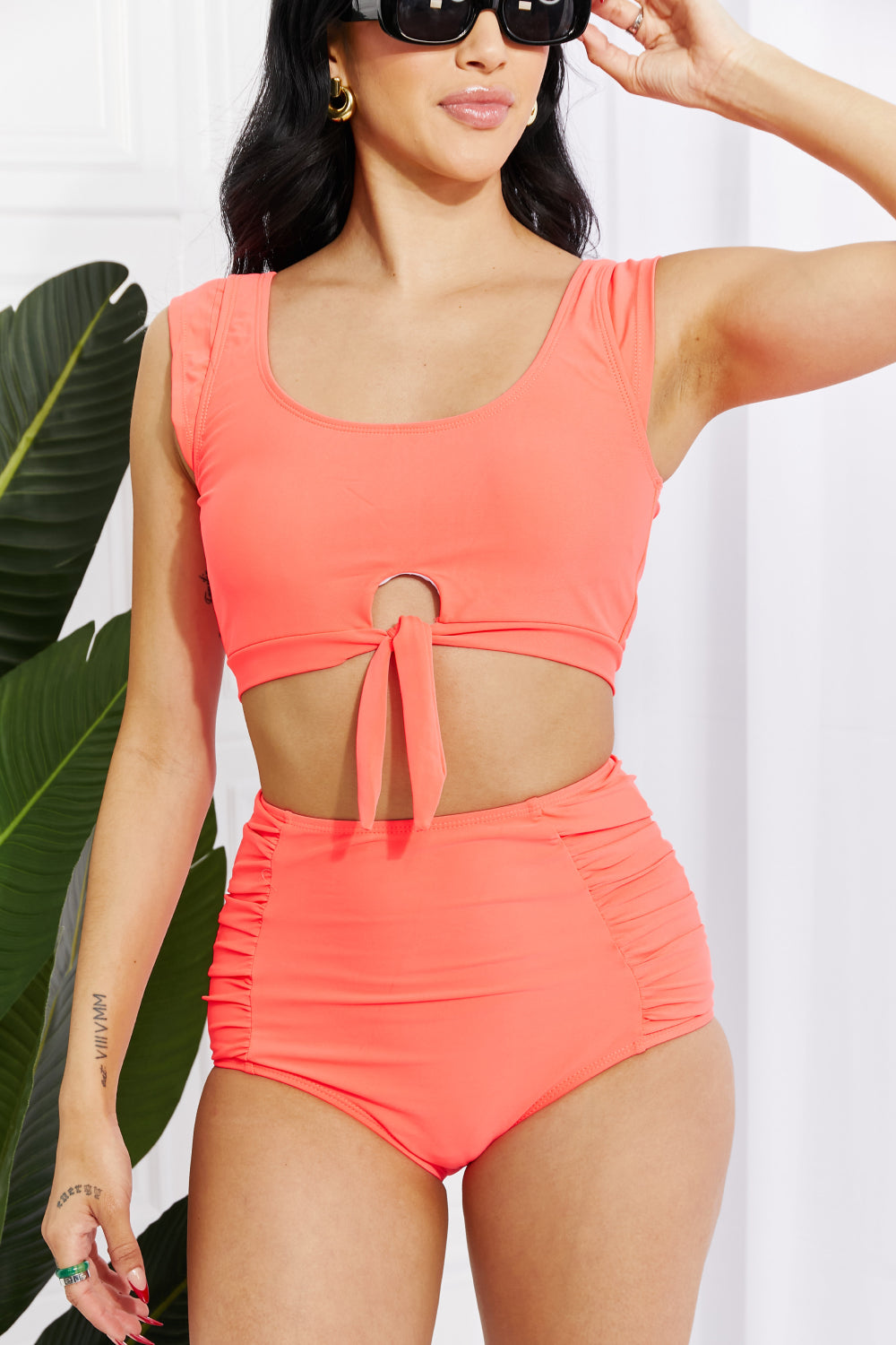 Sanibel Crop Swim Top and Ruched Bottoms Set in Coral  Southern Soul Collectives 
