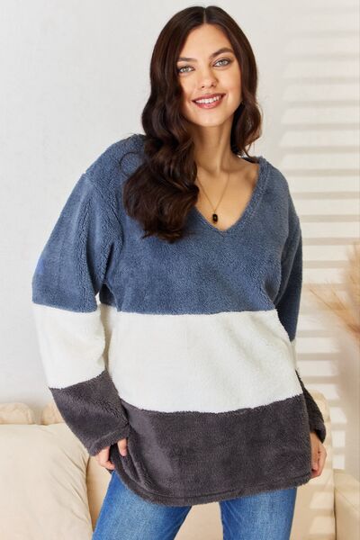 Faux Fur Color Block V-Neck Sweater inVintage Blue  Southern Soul Collectives